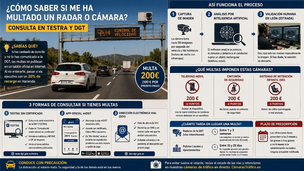 Infografía de cámaras de cinturón y uso del móvil al volante de la DGT con multas y funcionamiento