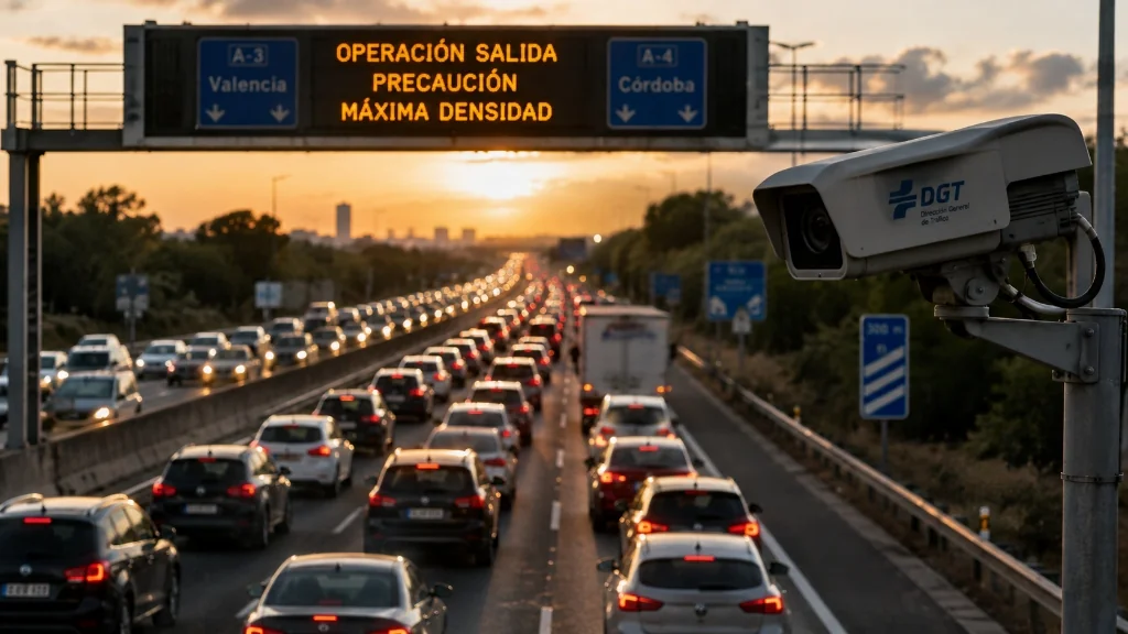 Cámara de tráfico DGT vigilando retenciones y atasco en Operación Salida por autovía