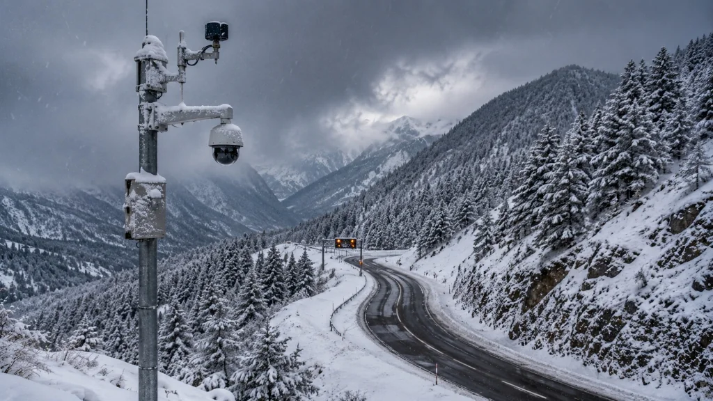 Cámara de tráfico en puerto de montaña con nieve y asfalto invernal