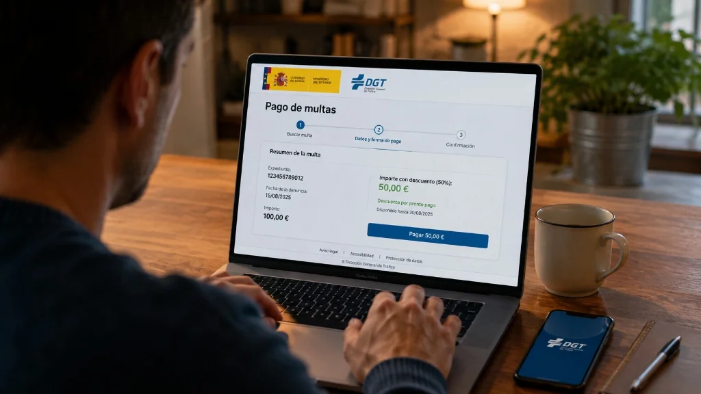 Pantalla oficial de pago de multas DGT por internet con 50 por ciento de descuento