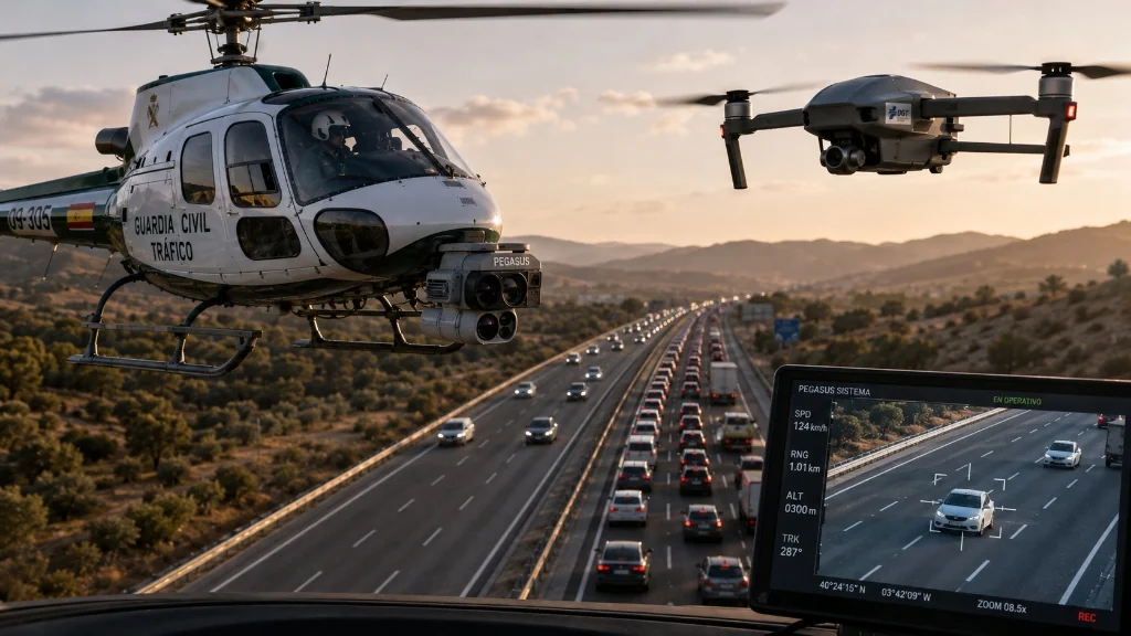 Drones y helicóptero Pegasus de la DGT vigilando el tráfico aéreo en carretera