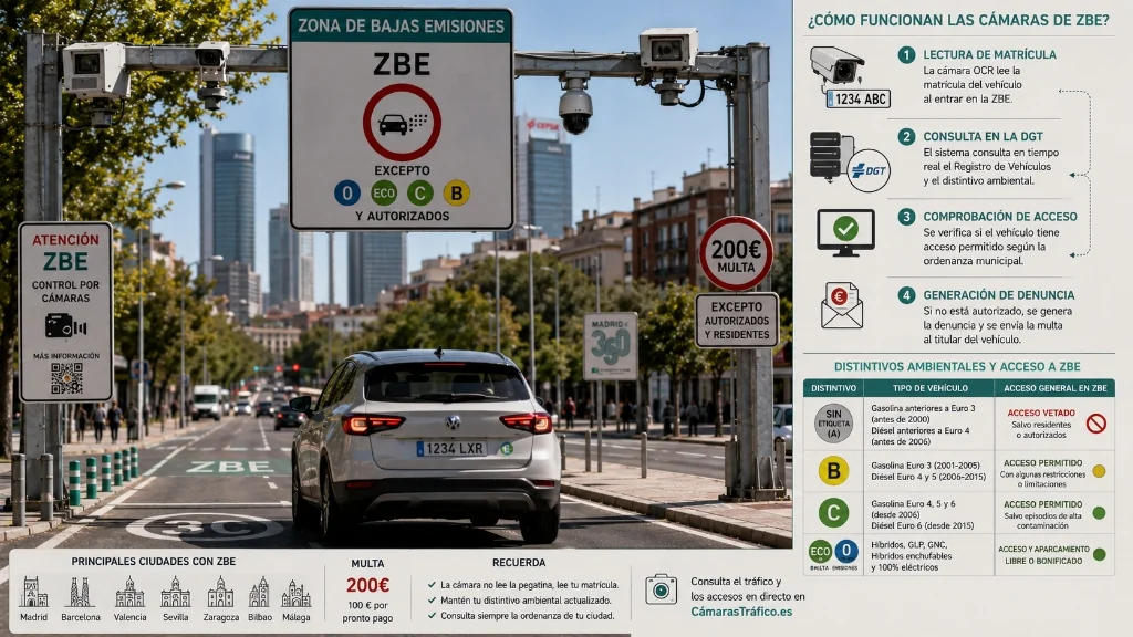 Infografía de cómo funciona un radar de tramo de la DGT con cálculo de velocidad media