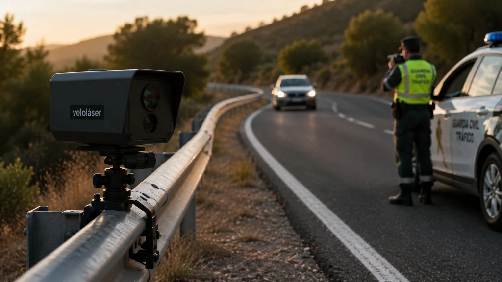 Radar Veloláser de la DGT camuflado en quitamiedos de carretera secundaria